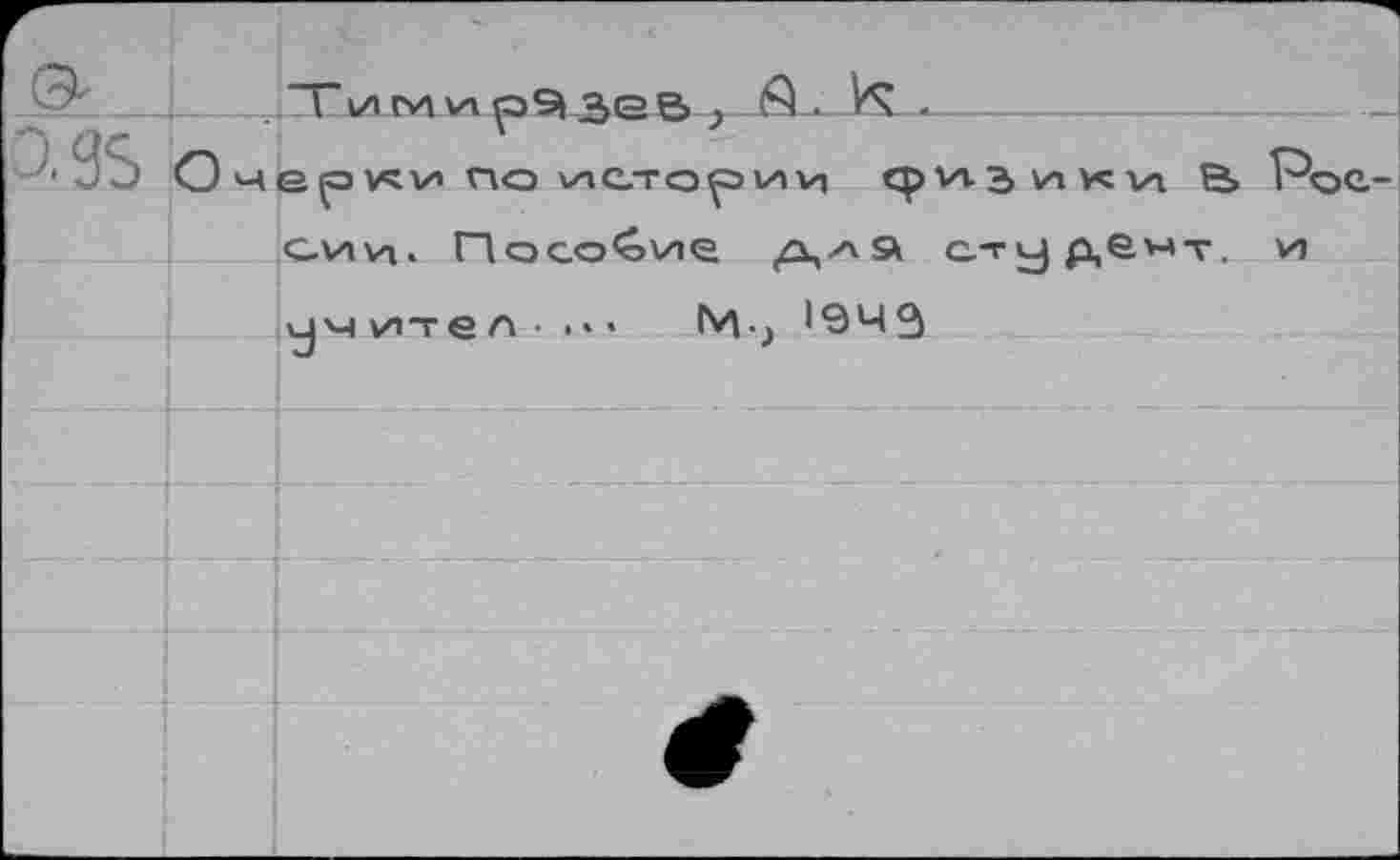 ﻿I имир^зеВ; A ■ К .
Û.3SJO	по истории физики Рос
OVtVf Пособие	студент. V)
ujMVH-reA- ..' Mj 104^